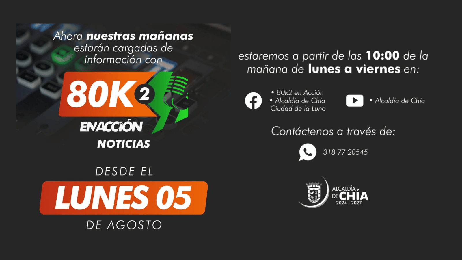 Emisión lunes 05 de agosto 2024 emisora alcaldía de Chía